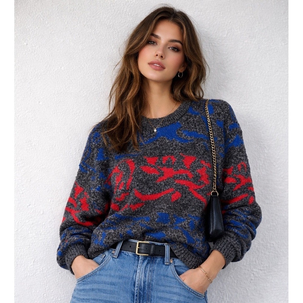Vintage Abstract Knit Sweater Blue Red Gray Crewneck Size M L 90s Coogi Style